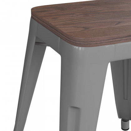 BLNK Kai Commercial Metal Backless Stackable Table Height Dining Stool with Wooden Seat Set of 4 - Silver