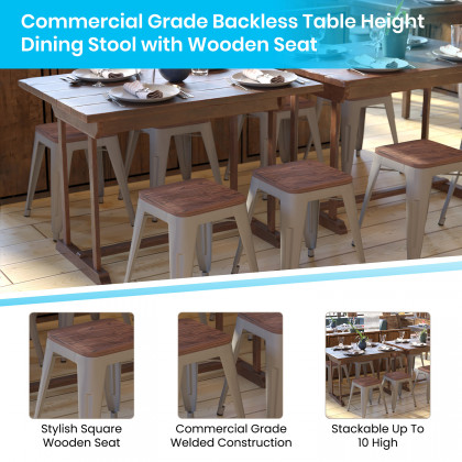BLNK Kai Commercial Metal Backless Stackable Table Height Dining Stool with Wooden Seat Set of 4 - Silver