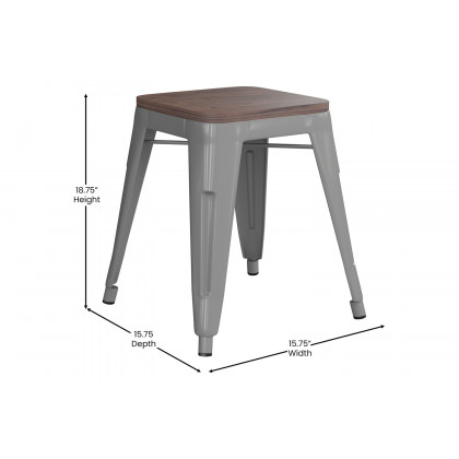 BLNK Kai Commercial Metal Backless Stackable Table Height Dining Stool with Wooden Seat Set of 4 - Silver