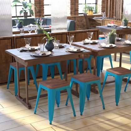 BLNK - Kai Commercial Metal Backless Stackable Table Height Dining Stool with Wooden Seat Set of 4