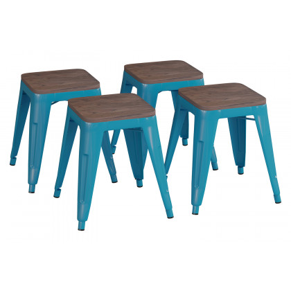 BLNK Kai Commercial Metal Backless Stackable Table Height Dining Stool with Wooden Seat Set of 4 - Teal