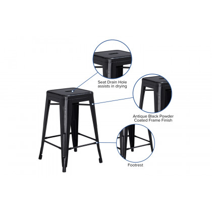 BLNK Kai Commercial Metal Backless Distressed Indoor-Outdoor Counter Height Stool - Black