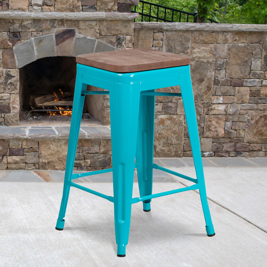BLNK Sinclair Backless Counter Height Stool with Square Wood Seat - Crystal Teal/Blue
