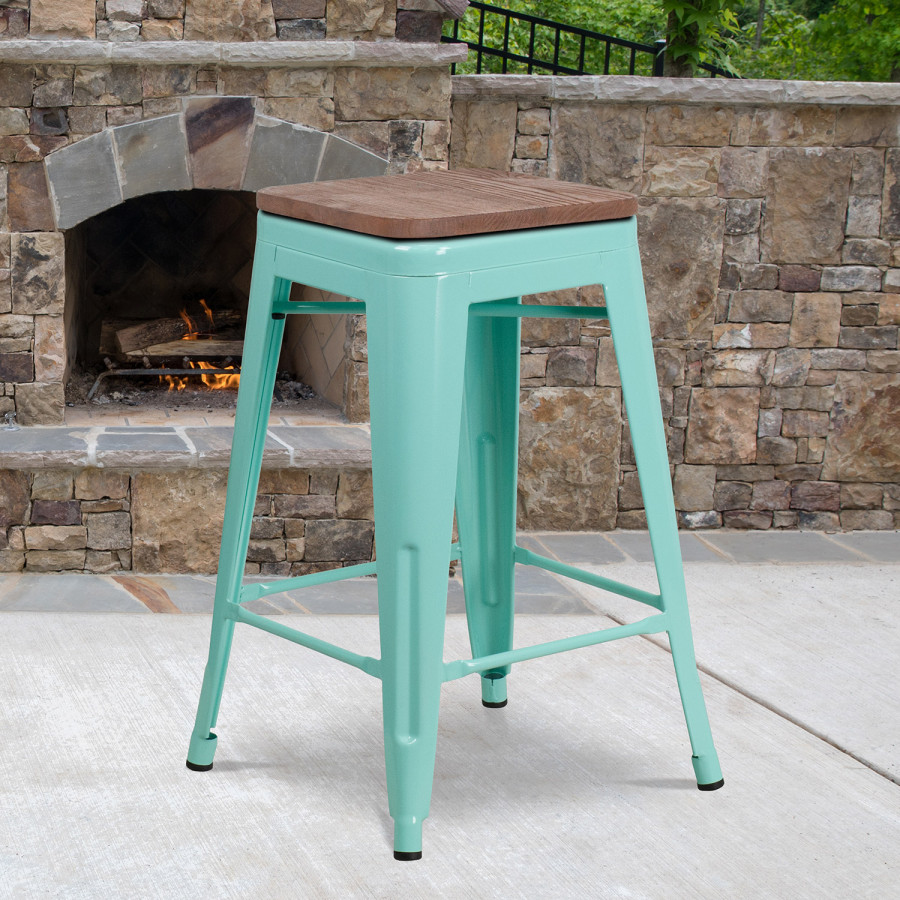 BLNK Sinclair Backless Counter Height Stool with Square Wood Seat - Mint Green