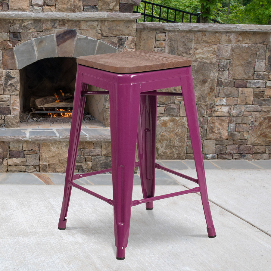 BLNK Sinclair Backless Counter Height Stool with Square Wood Seat - Purple