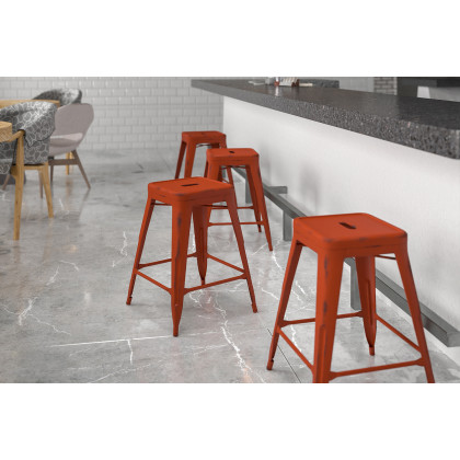 BLNK - Kai Commercial Metal Backless Distressed Indoor-Outdoor Counter Height Stool