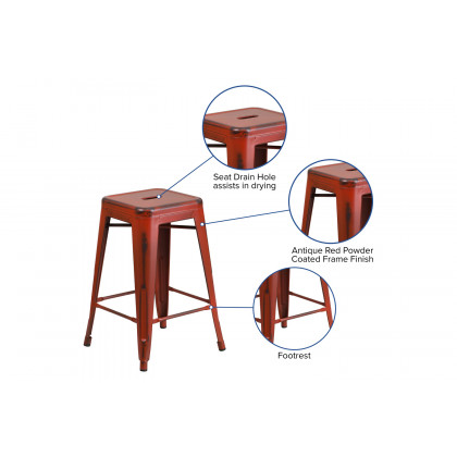 BLNK Kai Commercial Metal Backless Distressed Indoor-Outdoor Counter Height Stool - Kelly Red