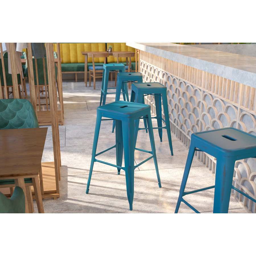 BLNK Kai Commercial Metal Backless Distressed Indoor-Outdoor Bar Stool - Antique Blue