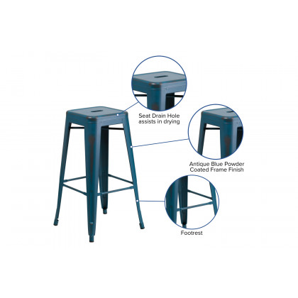 BLNK Kai Commercial Metal Backless Distressed Indoor-Outdoor Bar Stool - Antique Blue