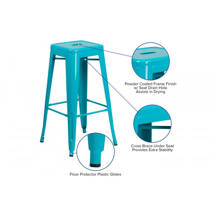 BLNK Kai Commercial Backless Indoor-Outdoor Bar Stool - Crystal Teal/Blue