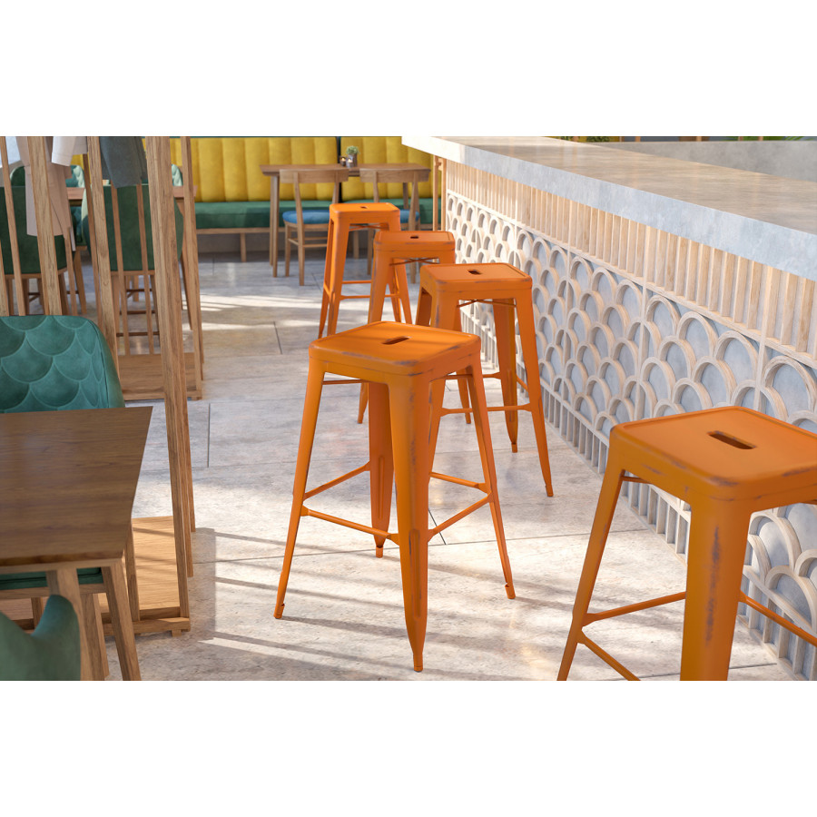 BLNK Kai Commercial Metal Backless Distressed Indoor-Outdoor Bar Stool - Orange