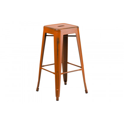 BLNK Kai Commercial Metal Backless Distressed Indoor-Outdoor Bar Stool - Orange