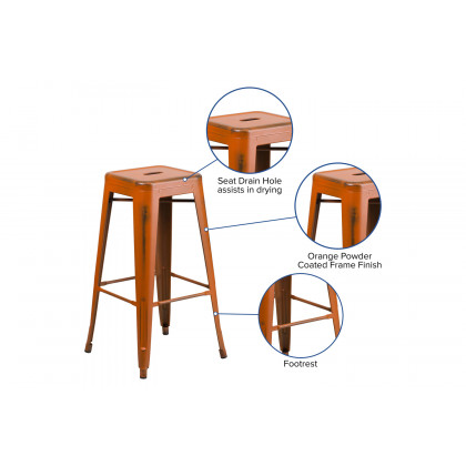 BLNK Kai Commercial Metal Backless Distressed Indoor-Outdoor Bar Stool - Orange