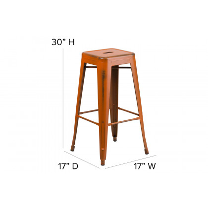 BLNK Kai Commercial Metal Backless Distressed Indoor-Outdoor Bar Stool - Orange
