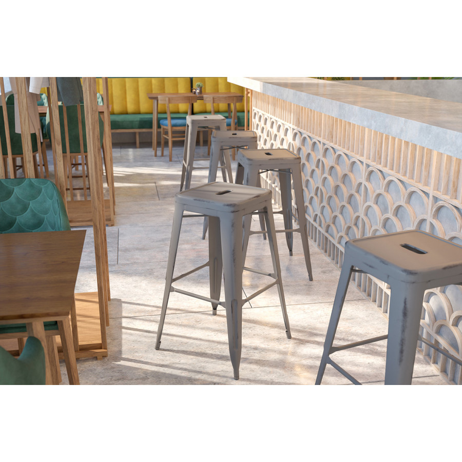 BLNK Kai Commercial Metal Backless Distressed Indoor-Outdoor Bar Stool - Silver Gray