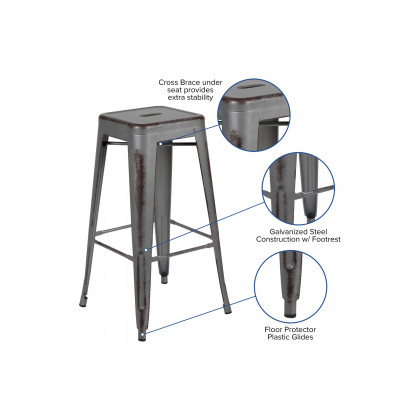 BLNK Kai Commercial Metal Backless Distressed Indoor-Outdoor Bar Stool - Silver Gray