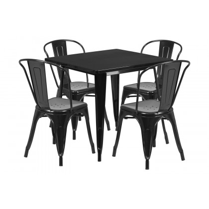 BLNK - Foster Commercial Square Metal Indoor-Outdoor Table Set with 4 Stack Chairs
