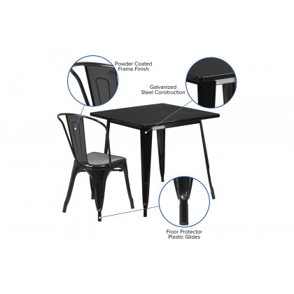 BLNK Foster Commercial Square Metal Indoor-Outdoor Table Set with 4 Stack Chairs - Black