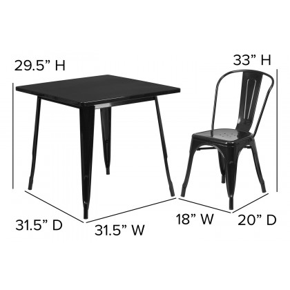 BLNK Foster Commercial Square Metal Indoor-Outdoor Table Set with 4 Stack Chairs - Black
