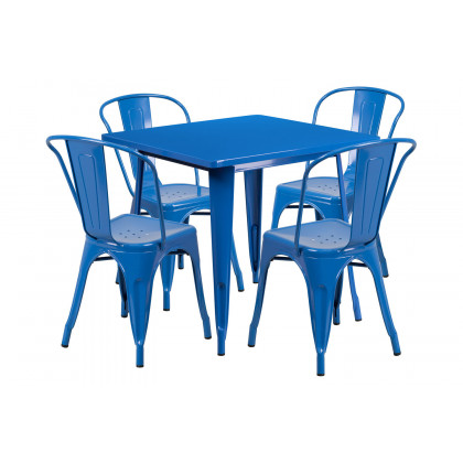 BLNK - Foster Commercial Square Metal Indoor-Outdoor Table Set with 4 Stack Chairs