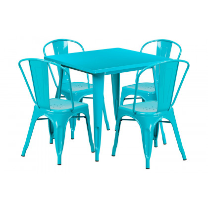 BLNK - Foster Commercial Square Metal Indoor-Outdoor Table Set with 4 Stack Chairs