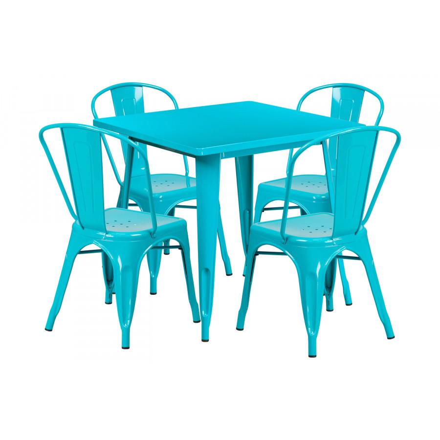 BLNK Foster Commercial Square Metal Indoor-Outdoor Table Set with 4 Stack Chairs - Crystal Teal/Blue