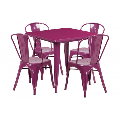 BLNK - Foster Commercial Square Metal Indoor-Outdoor Table Set with 4 Stack Chairs