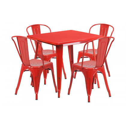 BLNK - Foster Commercial Square Metal Indoor-Outdoor Table Set with 4 Stack Chairs
