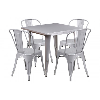 BLNK - Foster Commercial Square Metal Indoor-Outdoor Table Set with 4 Stack Chairs
