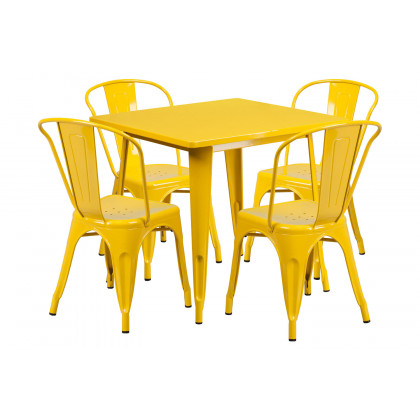 BLNK - Foster Commercial Square Metal Indoor-Outdoor Table Set with 4 Stack Chairs