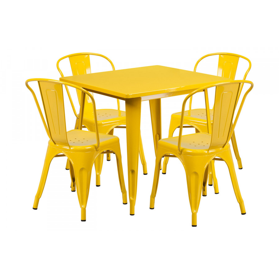 BLNK Foster Commercial Square Metal Indoor-Outdoor Table Set with 4 Stack Chairs - Yellow