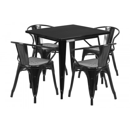 BLNK Grady Commercial Square Metal Indoor-Outdoor Table Set with 4 Arm Chairs - Black