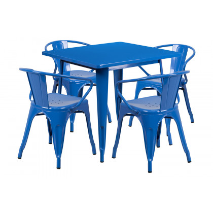 BLNK Grady Commercial Square Metal Indoor-Outdoor Table Set with 4 Arm Chairs - Blue