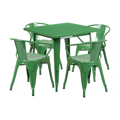 BLNK Grady Commercial Square Metal Indoor-Outdoor Table Set with 4 Arm Chairs - Green