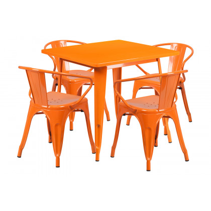 BLNK Grady Commercial Square Metal Indoor-Outdoor Table Set with 4 Arm Chairs - Orange