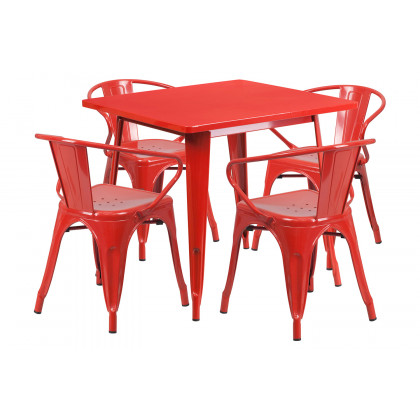 BLNK Grady Commercial Square Metal Indoor-Outdoor Table Set with 4 Arm Chairs - Red