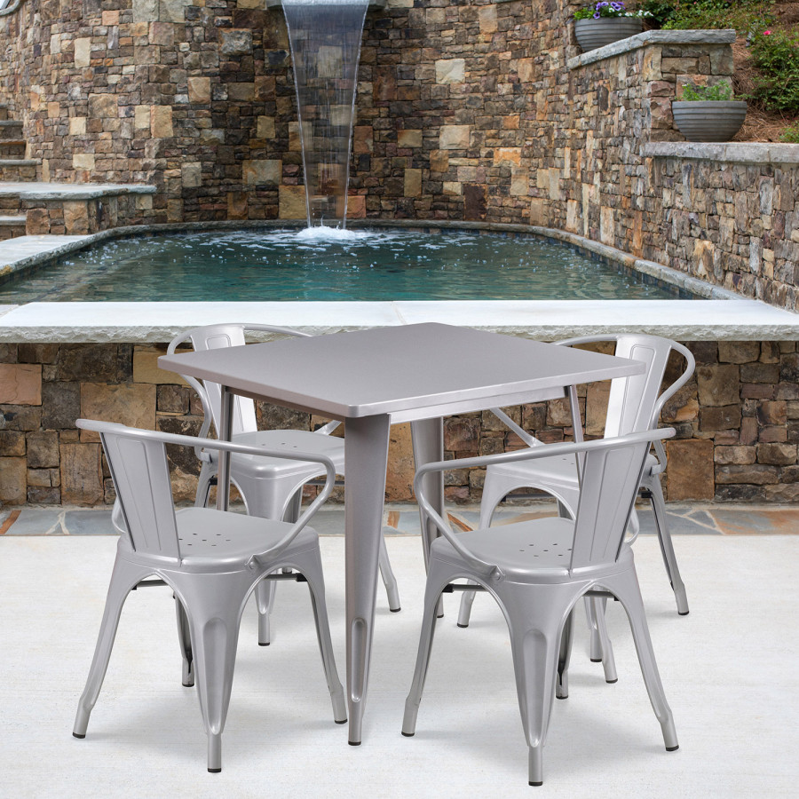 BLNK - Grady Commercial Square Metal Indoor-Outdoor Table Set with 4 Arm Chairs