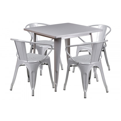 BLNK - Grady Commercial Square Metal Indoor-Outdoor Table Set with 4 Arm Chairs