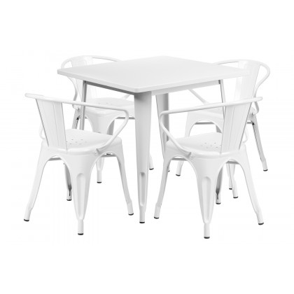 BLNK Grady Commercial Square Metal Indoor-Outdoor Table Set with 4 Arm Chairs - White