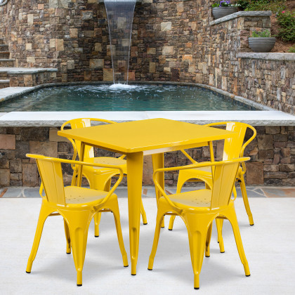 BLNK - Grady Commercial Square Metal Indoor-Outdoor Table Set with 4 Arm Chairs