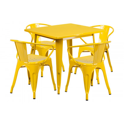 BLNK Grady Commercial Square Metal Indoor-Outdoor Table Set with 4 Arm Chairs - Yellow