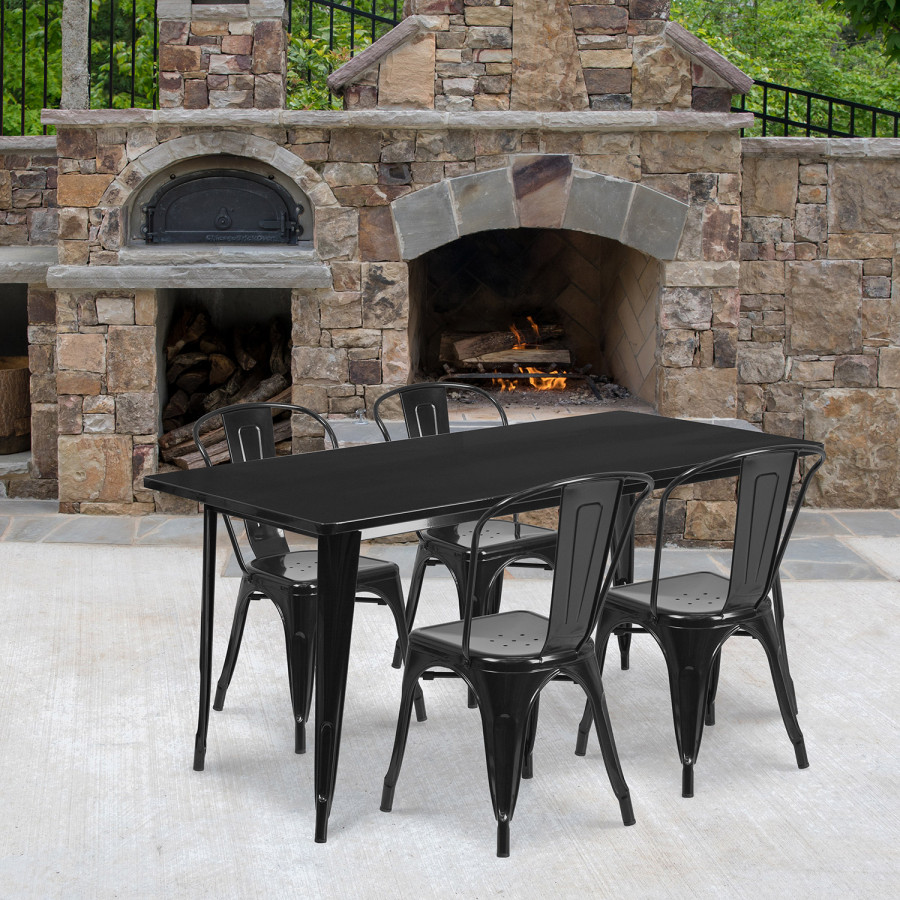 BLNK Darcy Commercial Rectangular Metal Indoor-Outdoor Table Set with 4 Stack Chairs - Black