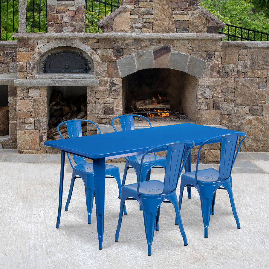 BLNK Darcy Commercial Rectangular Metal Indoor-Outdoor Table Set with 4 Stack Chairs - Blue