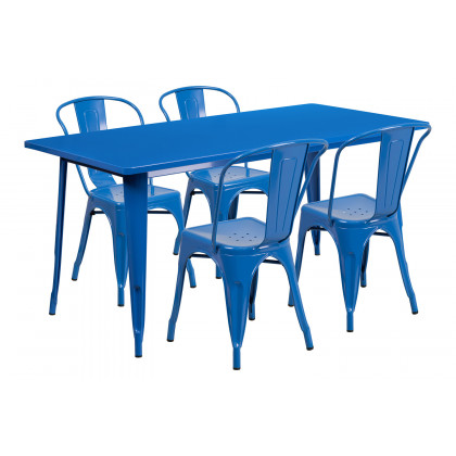 BLNK Darcy Commercial Rectangular Metal Indoor-Outdoor Table Set with 4 Stack Chairs - Blue