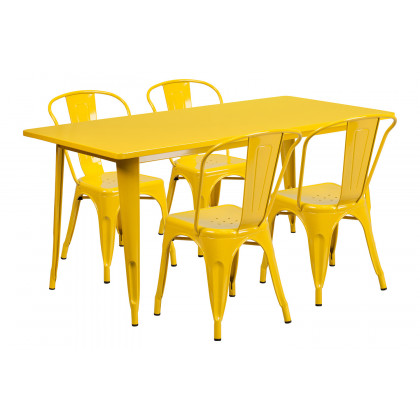 BLNK Darcy Commercial Rectangular Metal Indoor-Outdoor Table Set with 4 Stack Chairs - Yellow