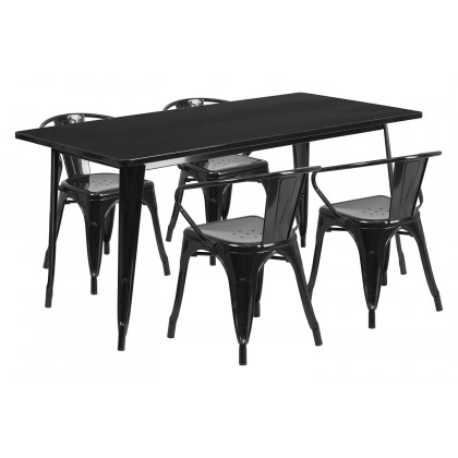 BLNK Fisher Commercial Rectangular Metal Indoor-Outdoor Table Set with 4 Arm Chairs - Black