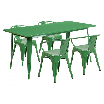 BLNK Fisher Commercial Rectangular Metal Indoor-Outdoor Table Set with 4 Arm Chairs - Green