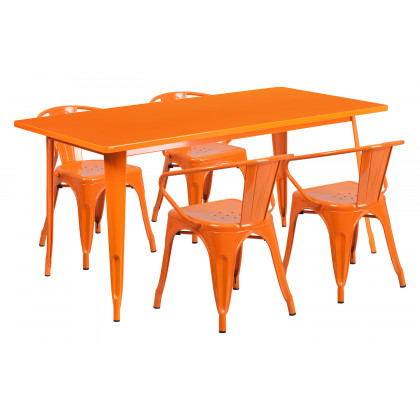 BLNK Fisher Commercial Rectangular Metal Indoor-Outdoor Table Set with 4 Arm Chairs - Orange