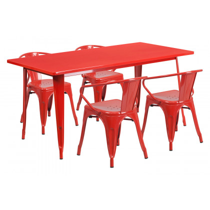 BLNK Fisher Commercial Rectangular Metal Indoor-Outdoor Table Set with 4 Arm Chairs - Red