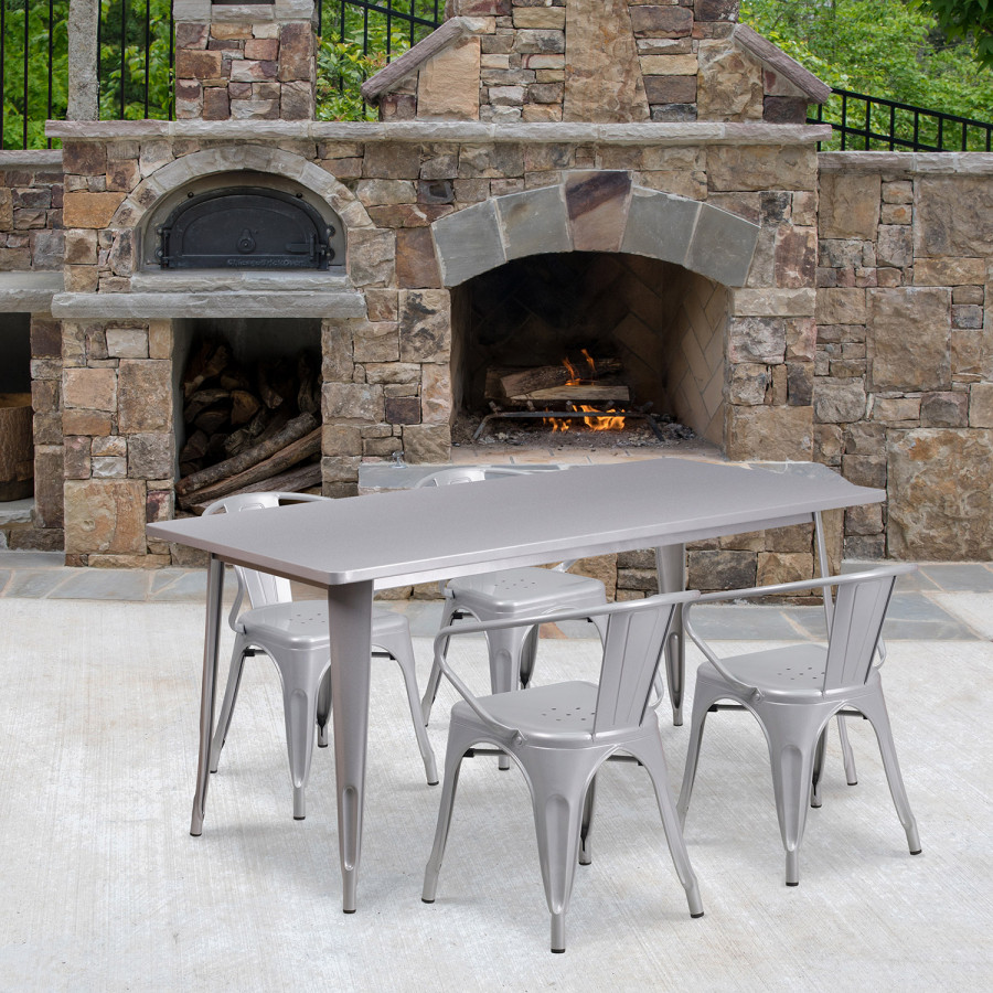 BLNK - Fisher Commercial Rectangular Metal Indoor-Outdoor Table Set with 4 Arm Chairs